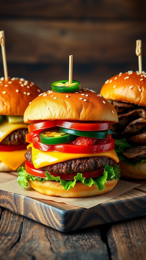 Three gourmet burgers: classic cheeseburger, spicy jalapeño burger, and gourmet mushroom and swiss burger on a wooden table.